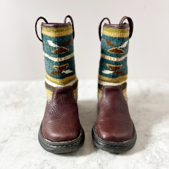 BORN Leather Wool Blanket Aztec Print Boots 36.5 / 6.5 Green Southwestern Boho - Picture 3 of 12